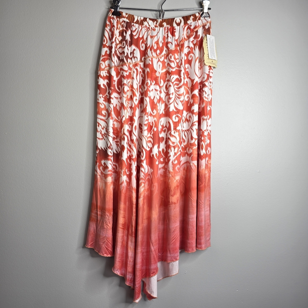 ​NWT One World Boho Asymmetrical Hem Maxi Skirt Orange Damask Small